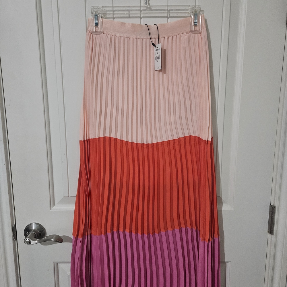Express Pink and Orange Pleated Maxi Skirt